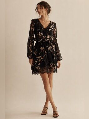 White House Black Market Floral Lace Trim Long Sleeve Mini Dress Dark Romantic